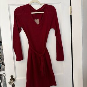 Red V-Neck Long Sleeve Dress